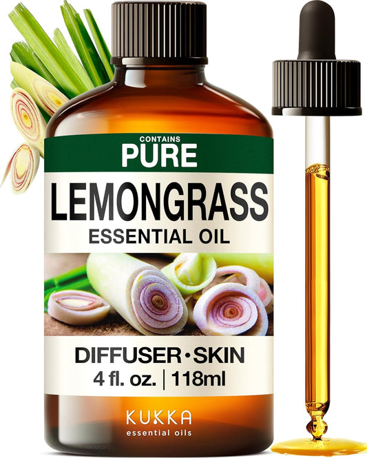 Kukka Lemongrass Essential Oil for Skin, Diffuser & Hair - 4 Fl Oz - Cleansing & Nourishing, Herbaceous Scent for Aromatherapy, DIY Soap Making Scents
