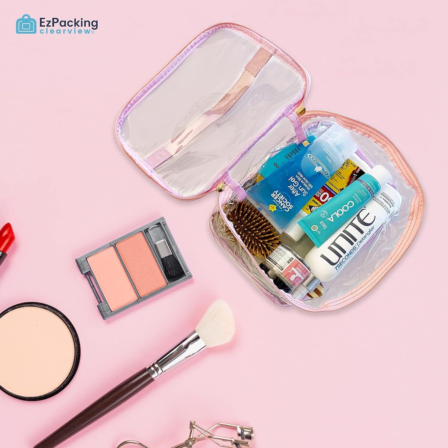 Large Cosmetic Bag for Women / Clear, See-Through Makeup, Hair & Nail Accessories Pouch for Travel or Home / Transparent PVC Plastic Organizer, Spacious Interior, Handle & Double Zippers (Blush)