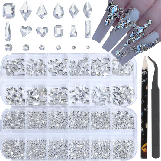 HNUIX Nail Rhinestones - 3D Multi Shape Size, Crystal Clear Nail Gems, Flat Back, with Kit, for Nail Art, DIY Decorations
