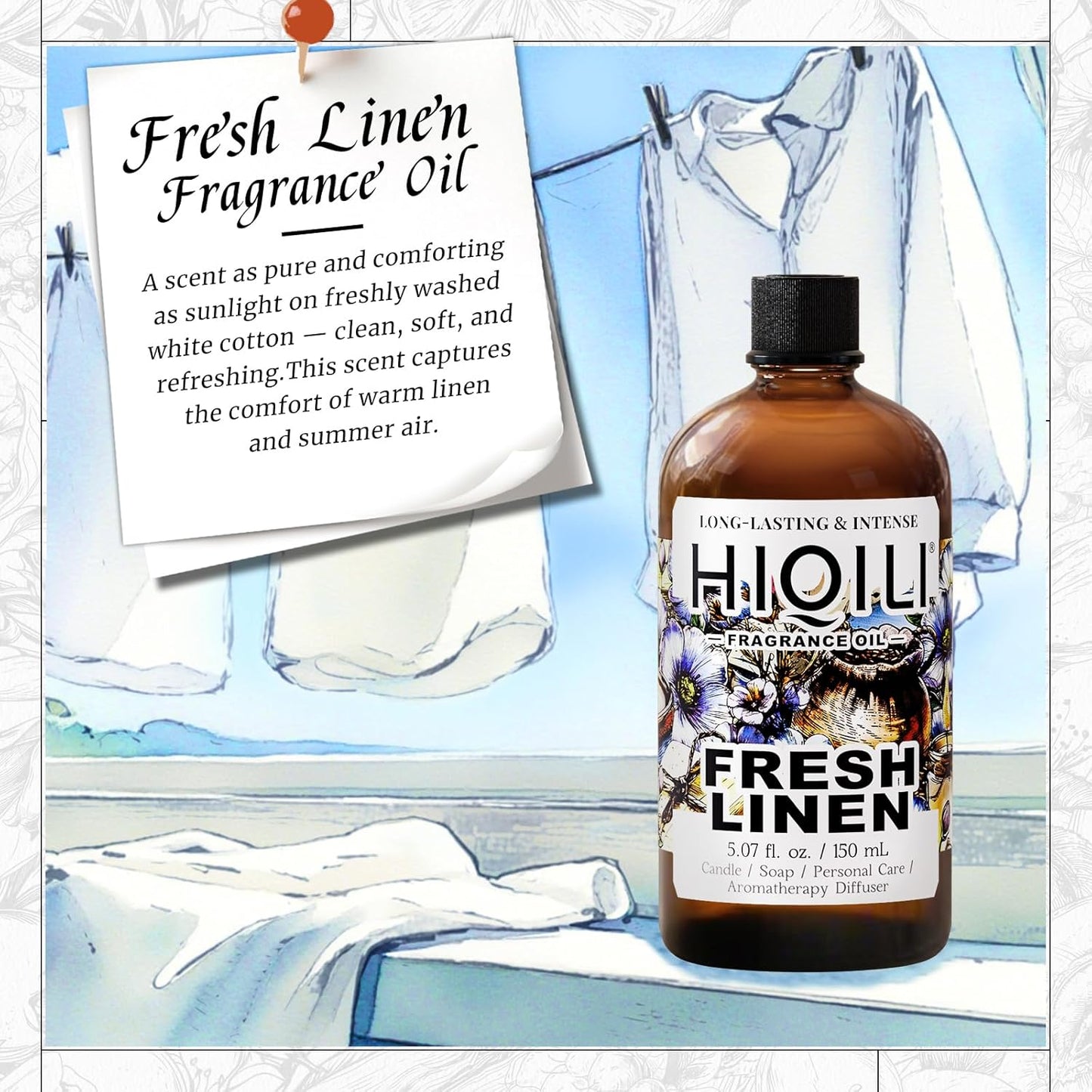 HIQILI Fresh Linen Fragrance Oil for Candle & Room Spray Making, Add to Dryer Balls, Freshie Scents for Essential Oil Diffuser - 5.07 Fl Oz