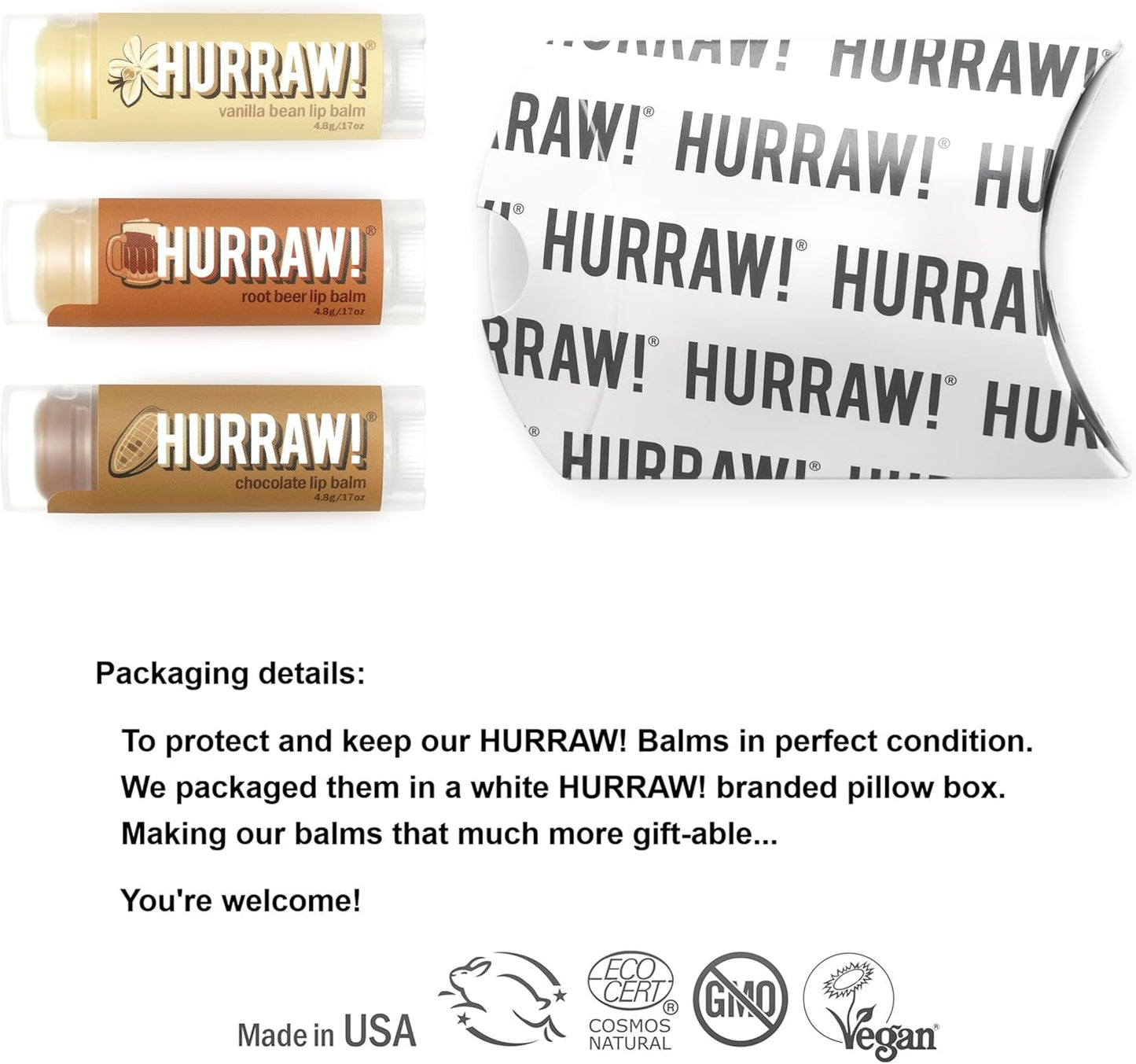 Hurraw! Vanilla Bean, Root Beer, Chocolate Lip Balms, 3 Pack Bundle: Organic, Certified Vegan, Cruelty and Gluten Free. Non-GMO, 100% Natural Ingredients. Bee, Shea, Soy and Palm Free. Made in USA