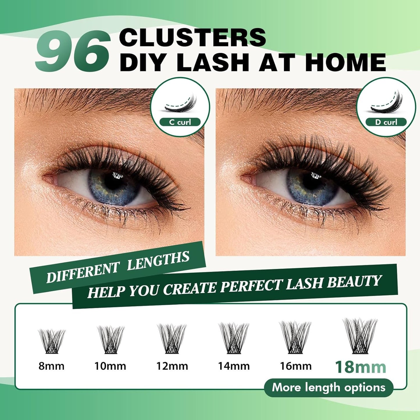 KEYYOU Lash Clusters,96 Pcs Cluster Lashes Y01 D Curl 12mm DIY Lash Extensions Eyelash Clusters,Volume Wispy Individual Lashes Soft&Comfortable Easy to DIY at Home(Y01,D-12mm)