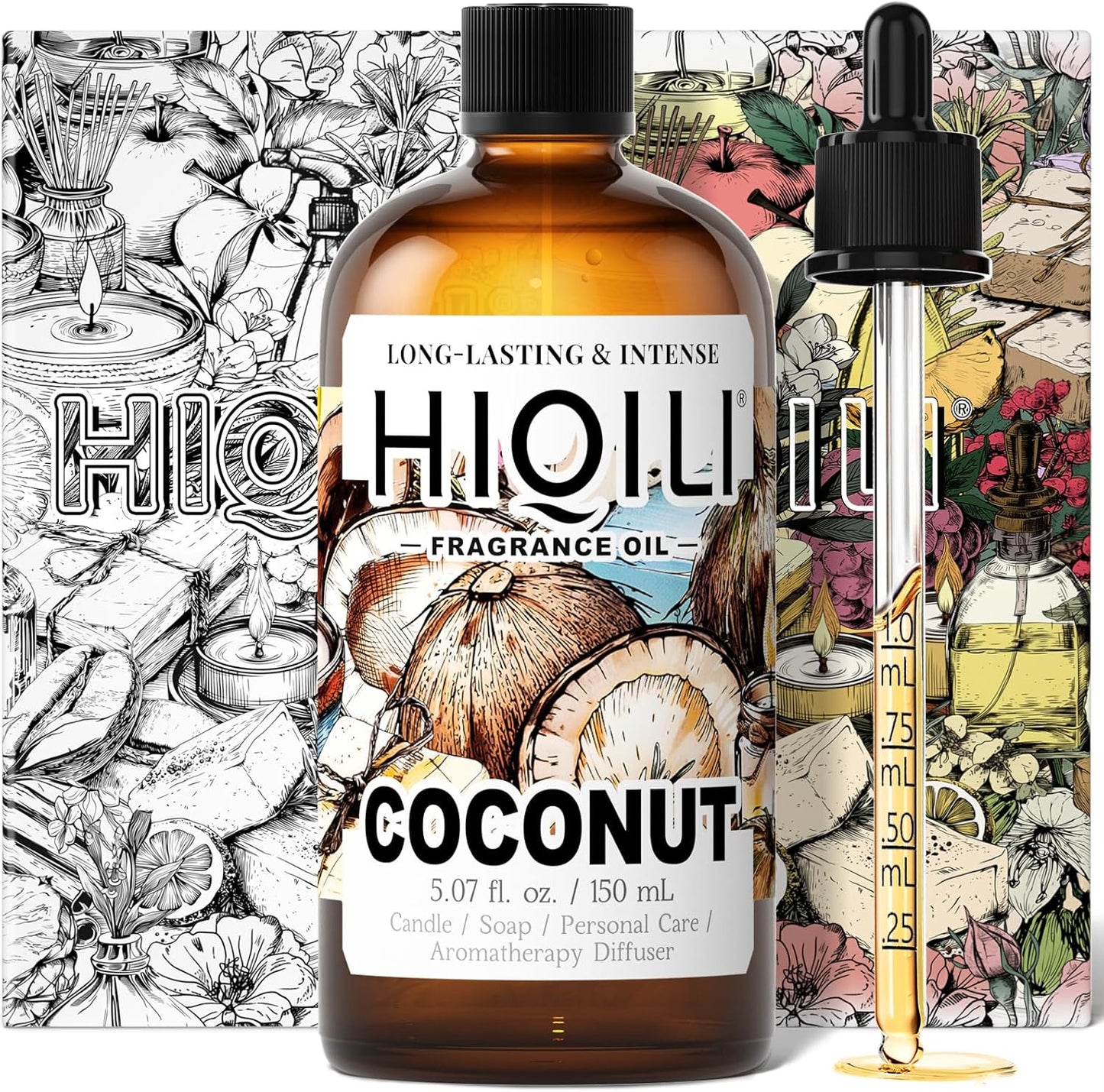 HIQILI Coconut Fragrance Oil for Home Diffuser, Ideal for Making Candle, Soap, Body Spray, Women's Perfume, Creamy Scents - 5.07 Fl Oz