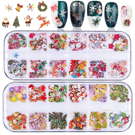 Kalolary 2 Boxes Christmas Nail Art Sequins Sticker, 3D Santa Claus Snowflake Elk Decals for Acrylic Nails, Christmas Tree Wood Pulp Glitter Flakes for Winter Nail Art Decorations