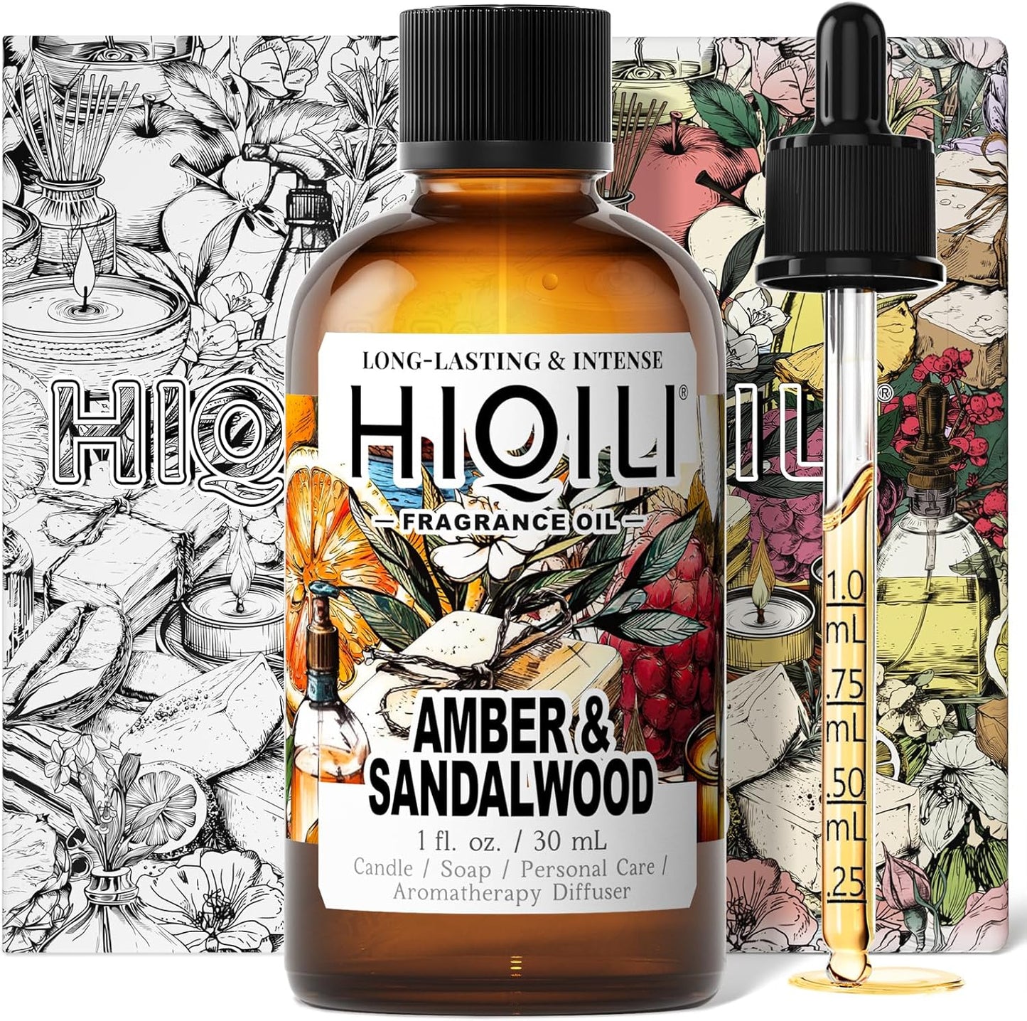 HIQILI Amber & Sandalwood Fragrance Oil for Diffuser, DIY Candle & Soap Making, Add to Body Lotion, Long-Lasting Scents - 1 Fl Oz