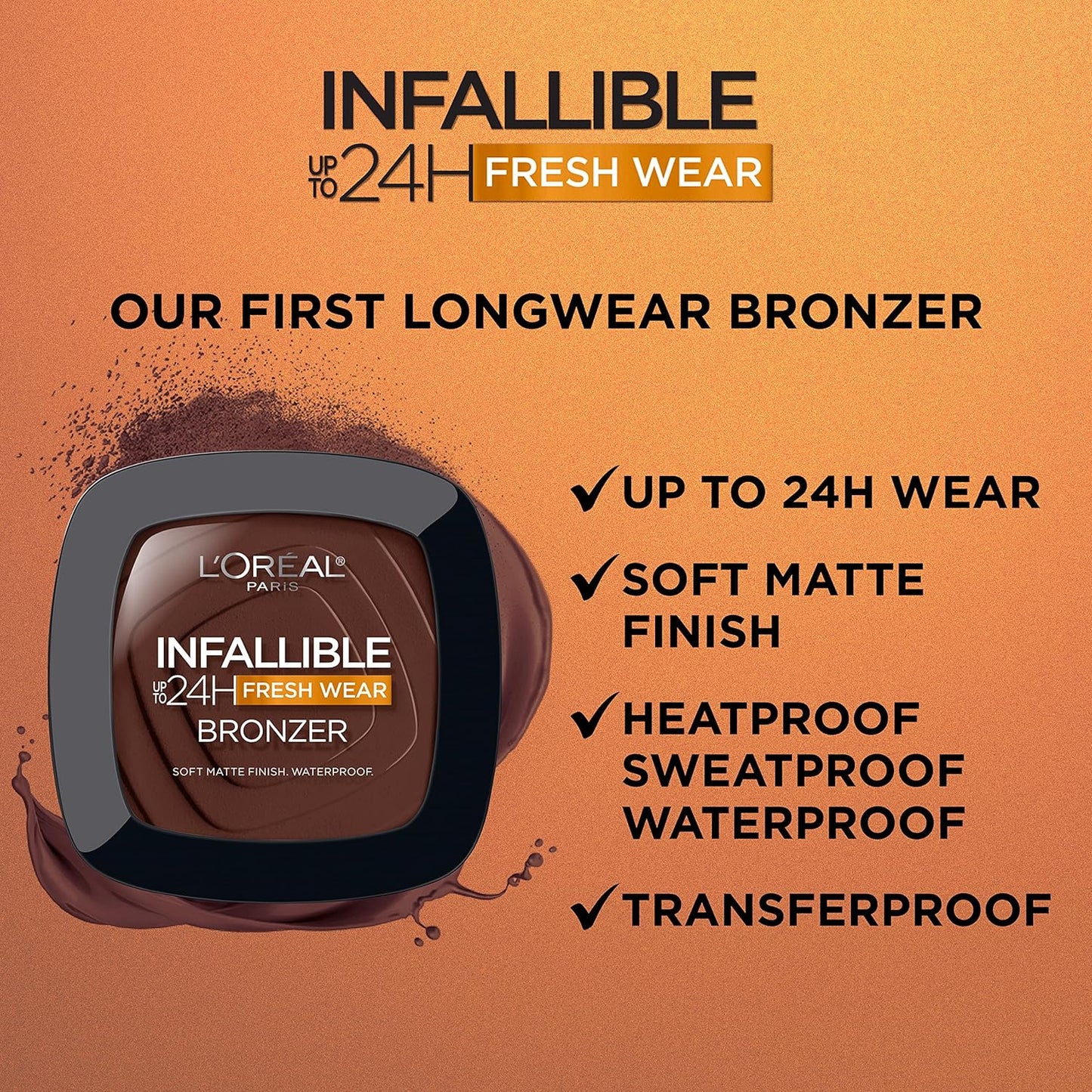 L'Oreal Paris Infallible Up to 24H Fresh Wear Soft Matte Longwear Bronzer. Waterproof, heatproof, Transfer, humidity and sweatproof, Deep Dark, 0.31 oz